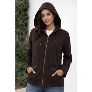 Chico's Brown Hooded Zip Up Jacket Lightweight Utility Size 1 M Brown